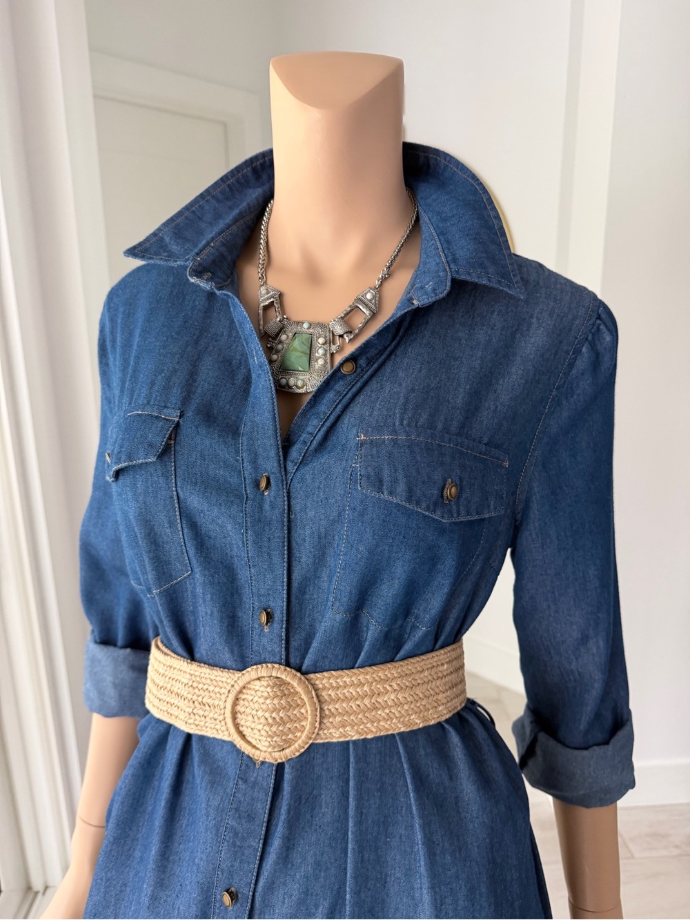 Forever 21 Lightweight Denim Duster Dress / Long Shirt Dress Long Sleeve Size L - Picture 3 of 13